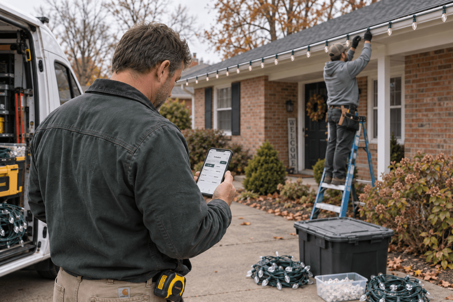A crew lead reviews the app while an installer hangs Christmas lights